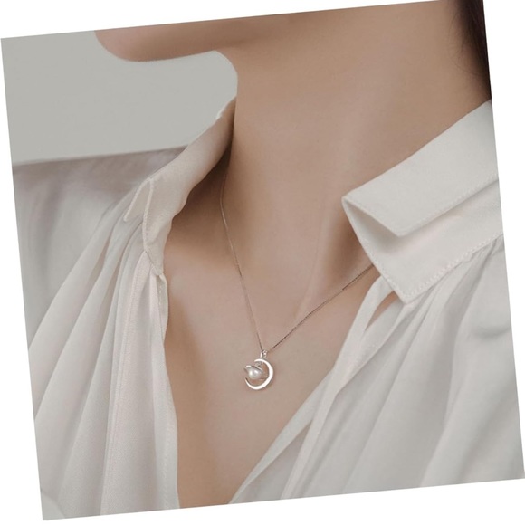 NEW S925 Sterling Silver Crescent Moon and Faux Pearl Planet Necklace - Picture 2 of 7